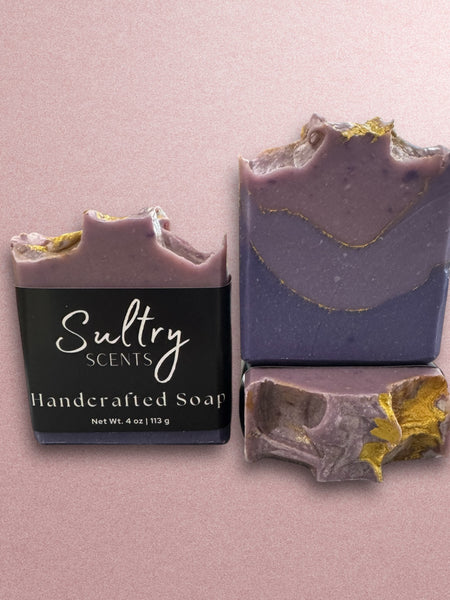 Sultry Scents luxury berry soap featuring rich purple hues and gold accents in a handcrafted design
