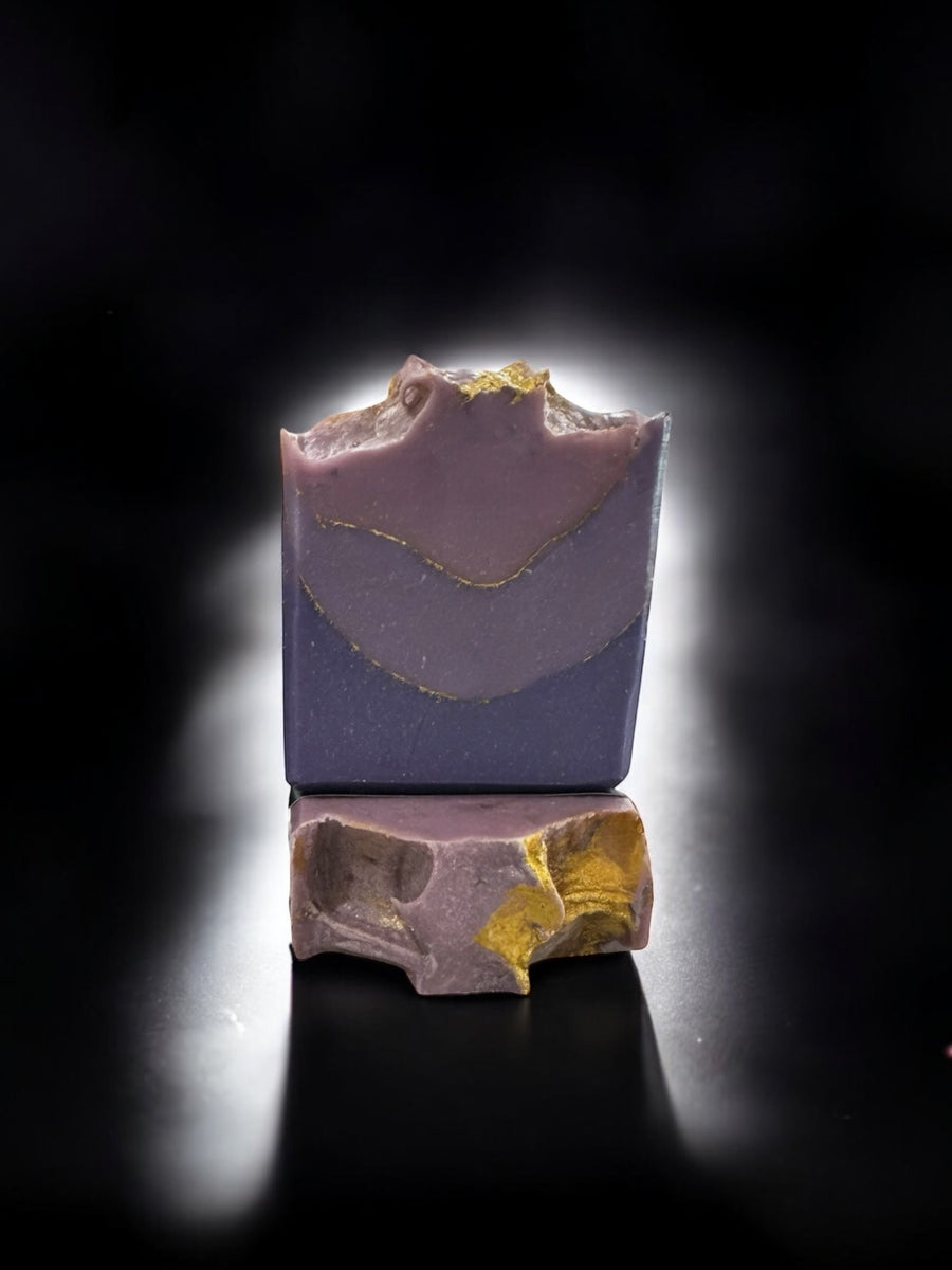 Luxury berry soap with marbled purple and gold design, perfect for a pampering bath experience