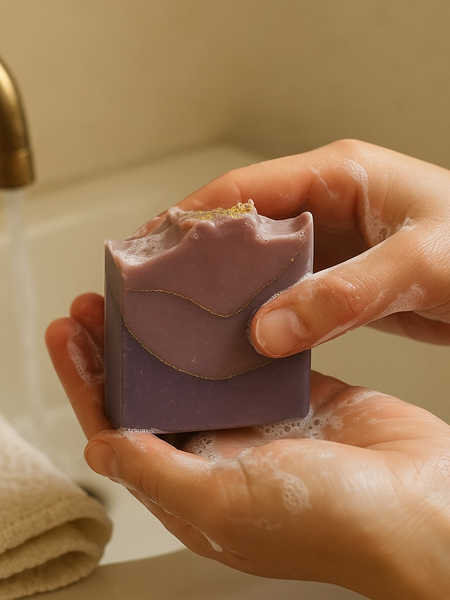 Sultry Scents luxury berry soap in a person's hands with lather for a rich bathing experience
