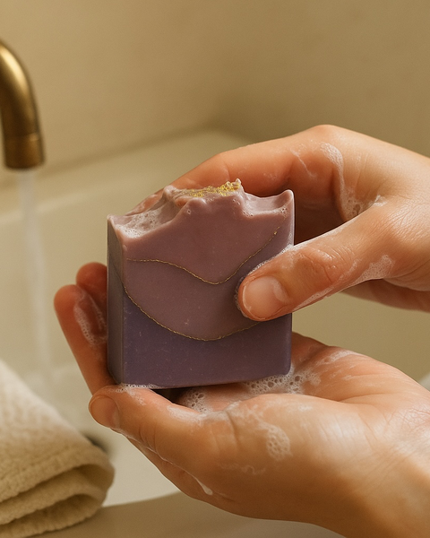 Sultry Scents luxury berry soap in a person's hands with lather for a rich bathing experience