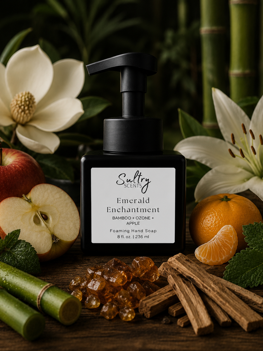 Sultry Scents Emerald Enchantment Luxury Foaming Hand Soap surrounded with scent notes of bamboo, apple, mandarin, magnolia, amber, lily.
