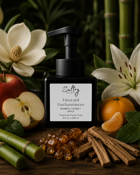 Sultry Scents Emerald Enchantment Luxury Foaming Hand Soap surrounded with scent notes of bamboo, apple, mandarin, magnolia, amber, lily.