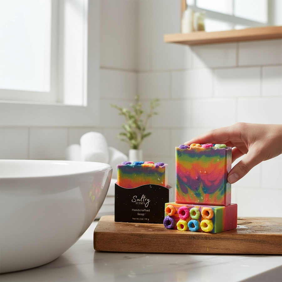 Luxury fruit loops soap in vibrant colors, perfect for a refreshing and fun bathing experience