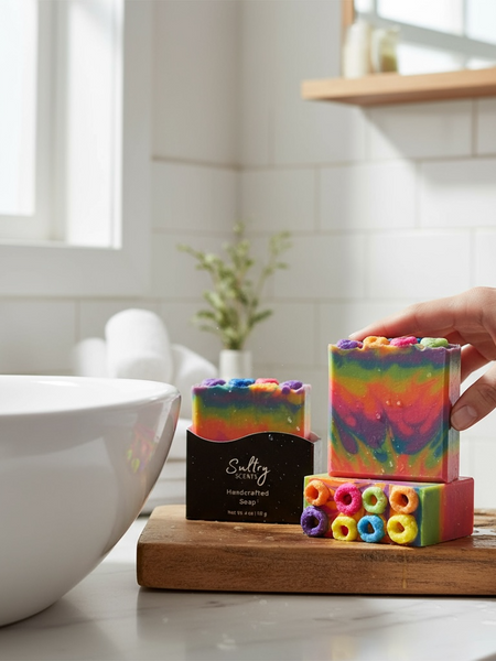 Luxury fruit loops soap in vibrant colors, perfect for a refreshing and fun bathing experience