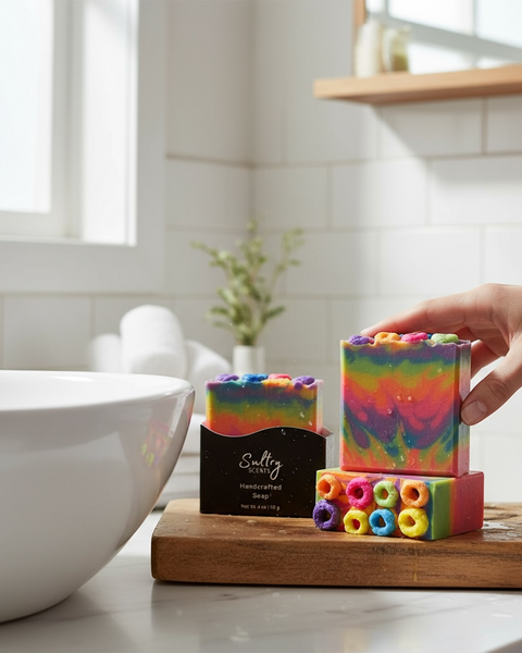 Luxury fruit loops soap in vibrant colors, perfect for a refreshing and fun bathing experience