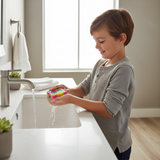 Child enjoying washing hands with colorful luxury fruit loops soap at a modern sink