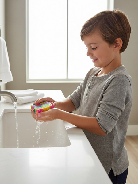 Child enjoying washing hands with colorful luxury fruit loops soap at a modern sink