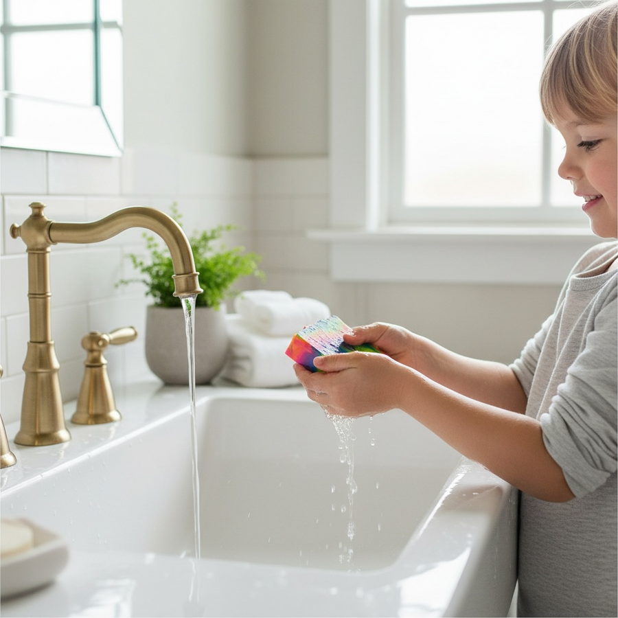 Child enjoying luxury fruit loops soap while washing hands by a sink with flowing water