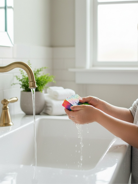 Child enjoying luxury fruit loops soap while washing hands by a sink with flowing water
