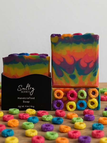 Sultry Scents luxury fruit loops soap in vibrant colors with colorful cereal-shaped soap pieces