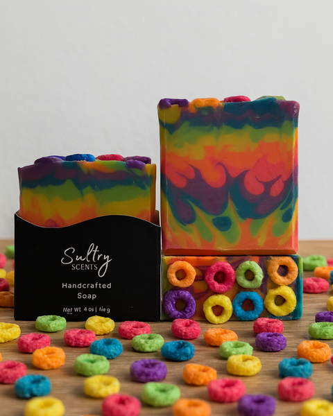 Sultry Scents luxury fruit loops soap in vibrant colors with colorful cereal-shaped soap pieces
