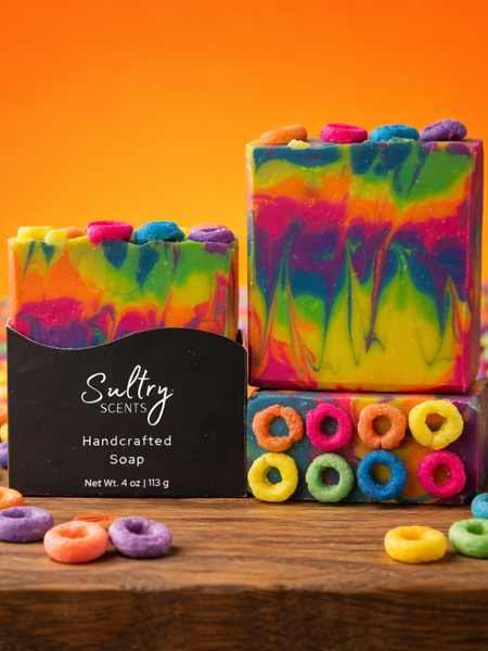 Vibrant Sultry Scents luxury fruit loops soap bars with colorful fruit loop shaped soap pieces