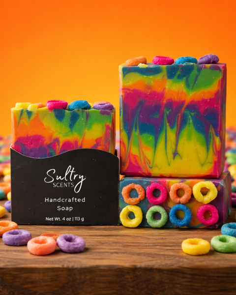 Vibrant Sultry Scents luxury fruit loops soap bars with colorful fruit loop shaped soap pieces