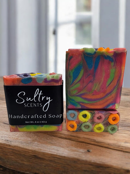 Sultry Scents luxury fruit loops soap with vibrant colors and swirls for a fun washing experience