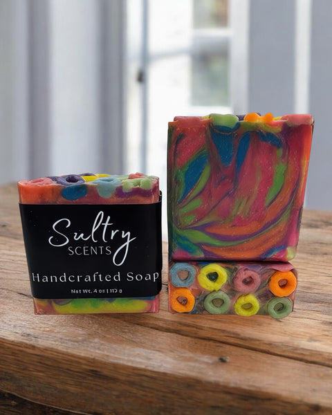 Sultry Scents luxury fruit loops soap with vibrant colors and swirls for a fun washing experience