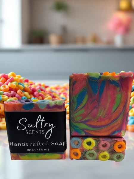 Sultry Scents luxury fruit loops soap with vibrant colors and fun cereal design for a playful bathing experience