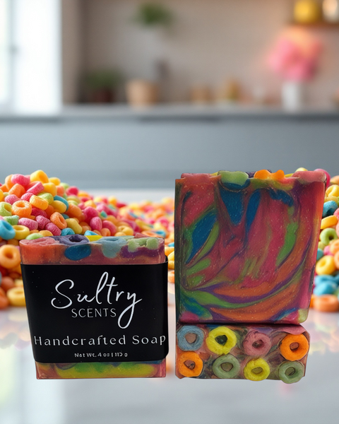 Sultry Scents luxury fruit loops soap with vibrant colors and fun cereal design for a playful bathing experience