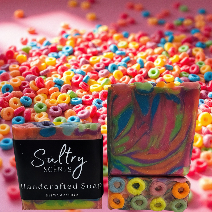 Luxury fruit loops soap by Sultry Scents, featuring vibrant colors and sweet fruity scents