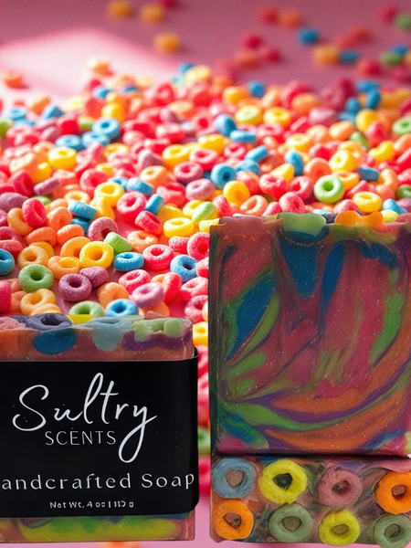 Luxury fruit loops soap by Sultry Scents, featuring vibrant colors and sweet fruity scents