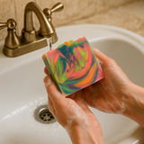 Luxury fruit loops soap with vibrant colors lathering in hands near a sink