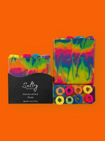 Luxury fruit loops soap featuring vibrant colors and unique fruity scent for a playful bathing experience