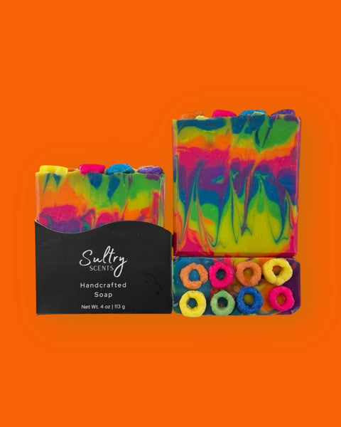 Luxury fruit loops soap featuring vibrant colors and unique fruity scent for a playful bathing experience