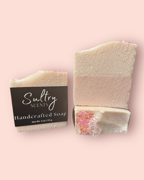 Handcrafted soap from Sultry Scents featuring luxury salt bar soap in a pink hue