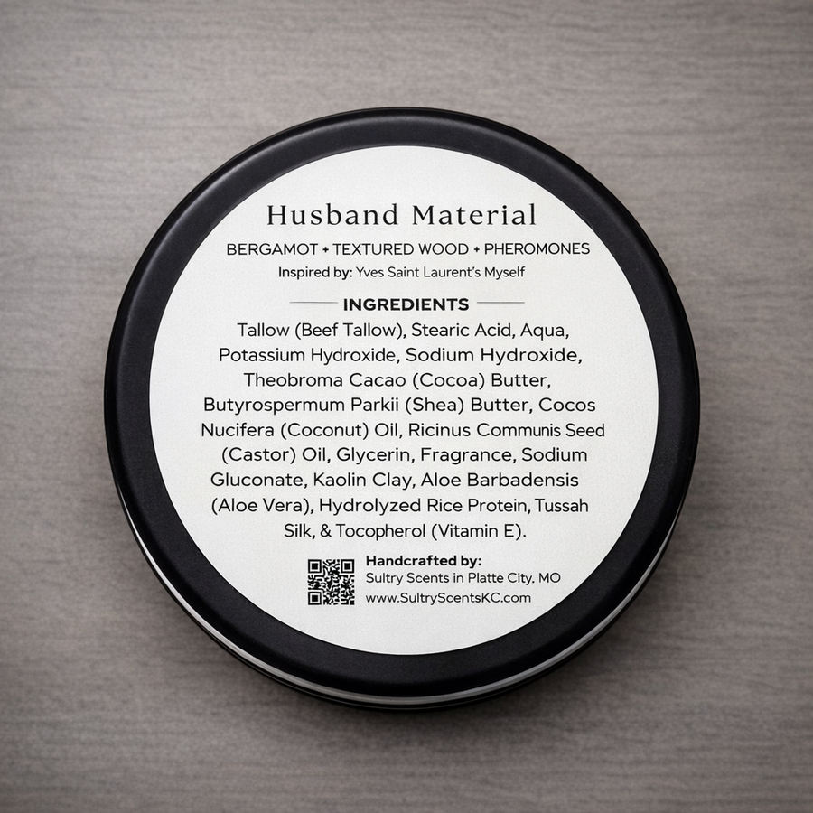 Luxury Tallow Based Solid Shave Soap in a round container with ingredient list for smooth shaving