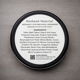 Luxury Tallow Based Solid Shave Soap in a round container with ingredient list for smooth shaving