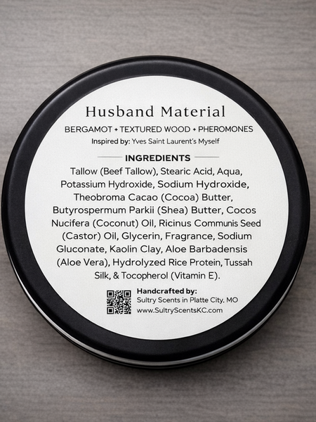 Luxury Tallow Based Solid Shave Soap in a round container with ingredient list for smooth shaving