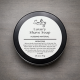 Sultry Scents Luxury Tallow Based Solid Shave Soap in a round tin with usage instructions