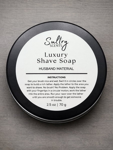 Sultry Scents Luxury Tallow Based Solid Shave Soap in a round tin with usage instructions