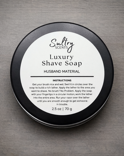 Sultry Scents Luxury Tallow Based Solid Shave Soap in a round tin with usage instructions