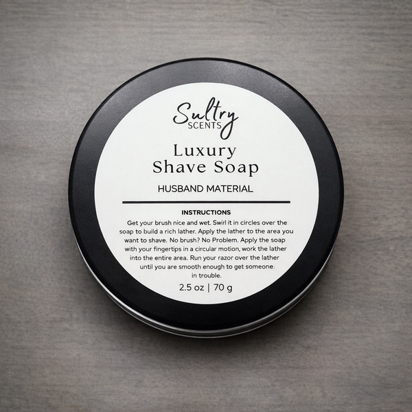 Sultry Scents Luxury Tallow Based Solid Shave Soap in a round tin with usage instructions