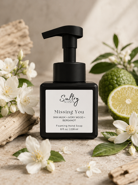 Sultry Scents Missing Person inspired foaming hand soap in a sleek black pump bottle with floral and citrus elements