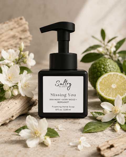 Sultry Scents Missing Person inspired foaming hand soap in a sleek black pump bottle with floral and citrus elements