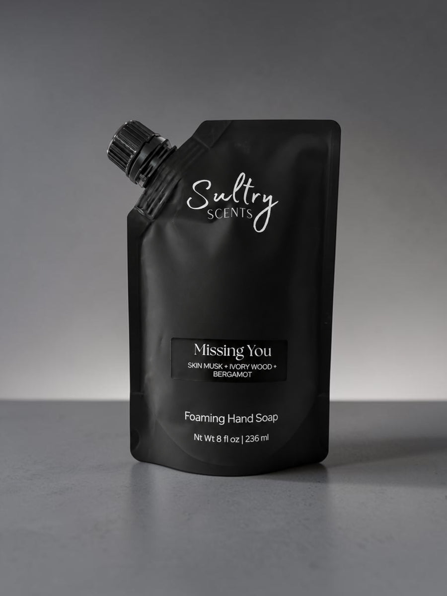 Sultry Scents Missing Person inspired foaming hand soap in a sleek black refill pouch