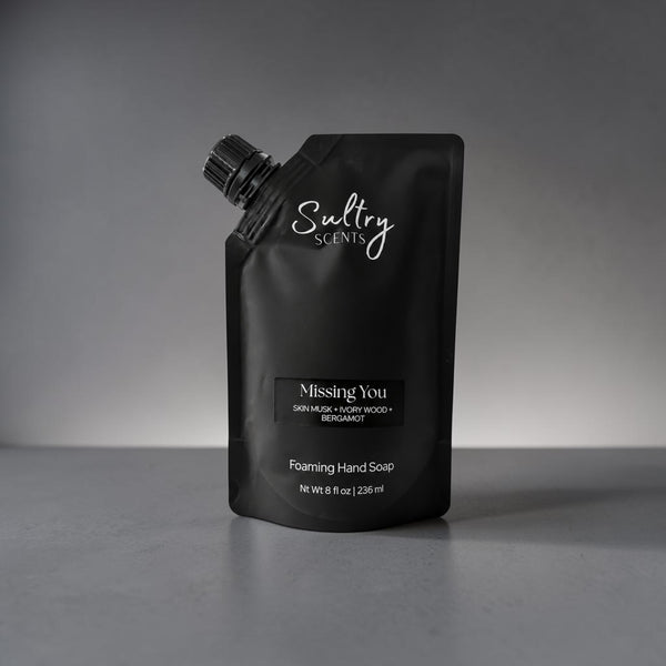 Sultry Scents Missing Person inspired foaming hand soap in a sleek black refill pouch