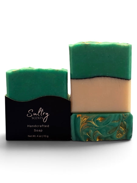 Sultry Scents Missing Person inspired luxury handcrafted soap with intricate green and beige designs