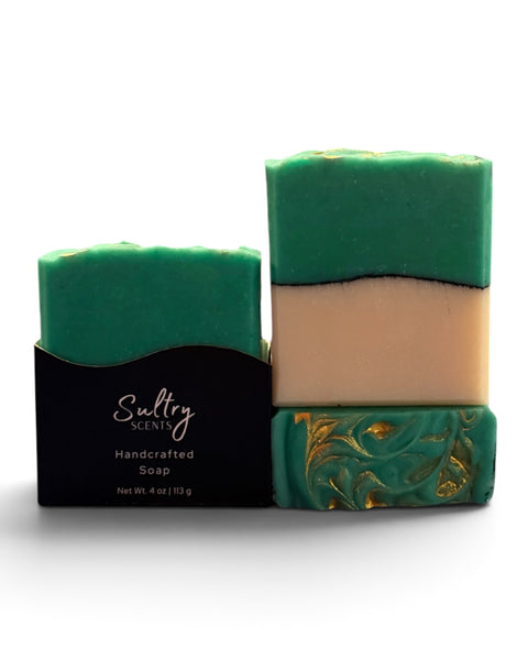 Sultry Scents Missing Person inspired luxury handcrafted soap with intricate green and beige designs