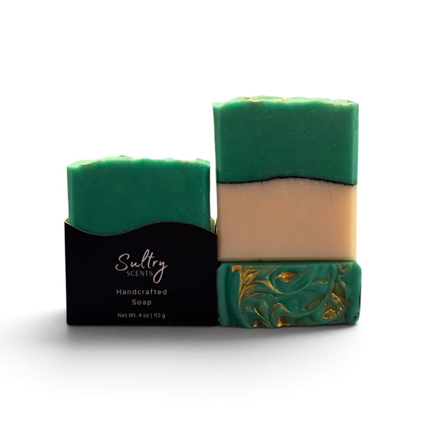 Sultry Scents Missing Person inspired luxury handcrafted soap with intricate green and beige designs