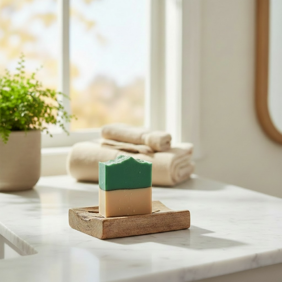 Missing Person inspired luxury handcrafted soap on a wooden dish with a green layer and neutral base