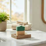 Missing Person inspired luxury handcrafted soap on a wooden dish with a green layer and neutral base