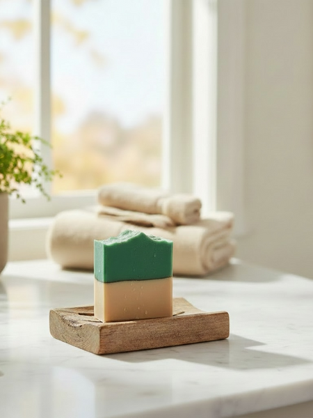 Missing Person inspired luxury handcrafted soap on a wooden dish with a green layer and neutral base