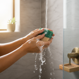 A person using Missing Person inspired luxury handcrafted soap while showering, showcasing a vibrant green and beige bar.