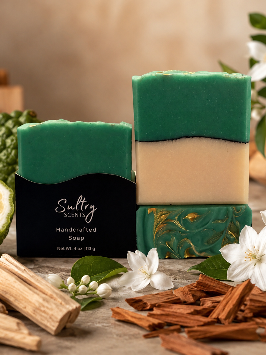 Missing Person inspired luxury handcrafted soap in green and cream with floral and wood accents