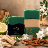 Missing Person inspired luxury handcrafted soap in green and cream with floral and wood accents