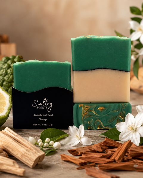 Missing Person inspired luxury handcrafted soap in green and cream with floral and wood accents