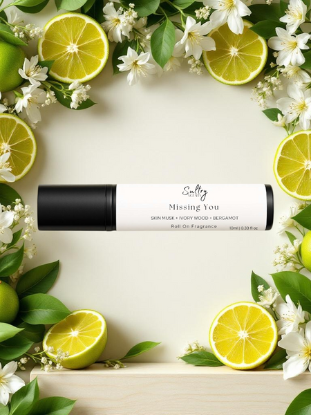 Sultry Scents roll on fragrance oil Missing You with bergamot slices and white blossoms Missing Person inspired roll-on perfume