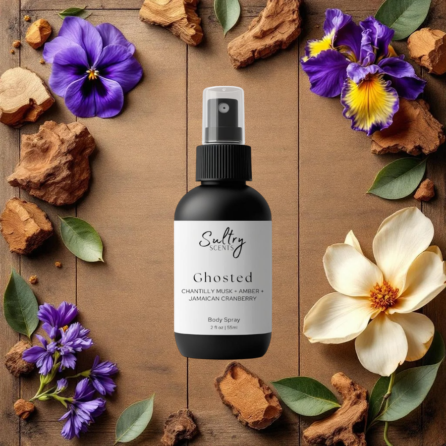 Sultry Scents Ghosted body spray bottle on wooden background with flowers and wood chips Mojave Ghost body spray dupe